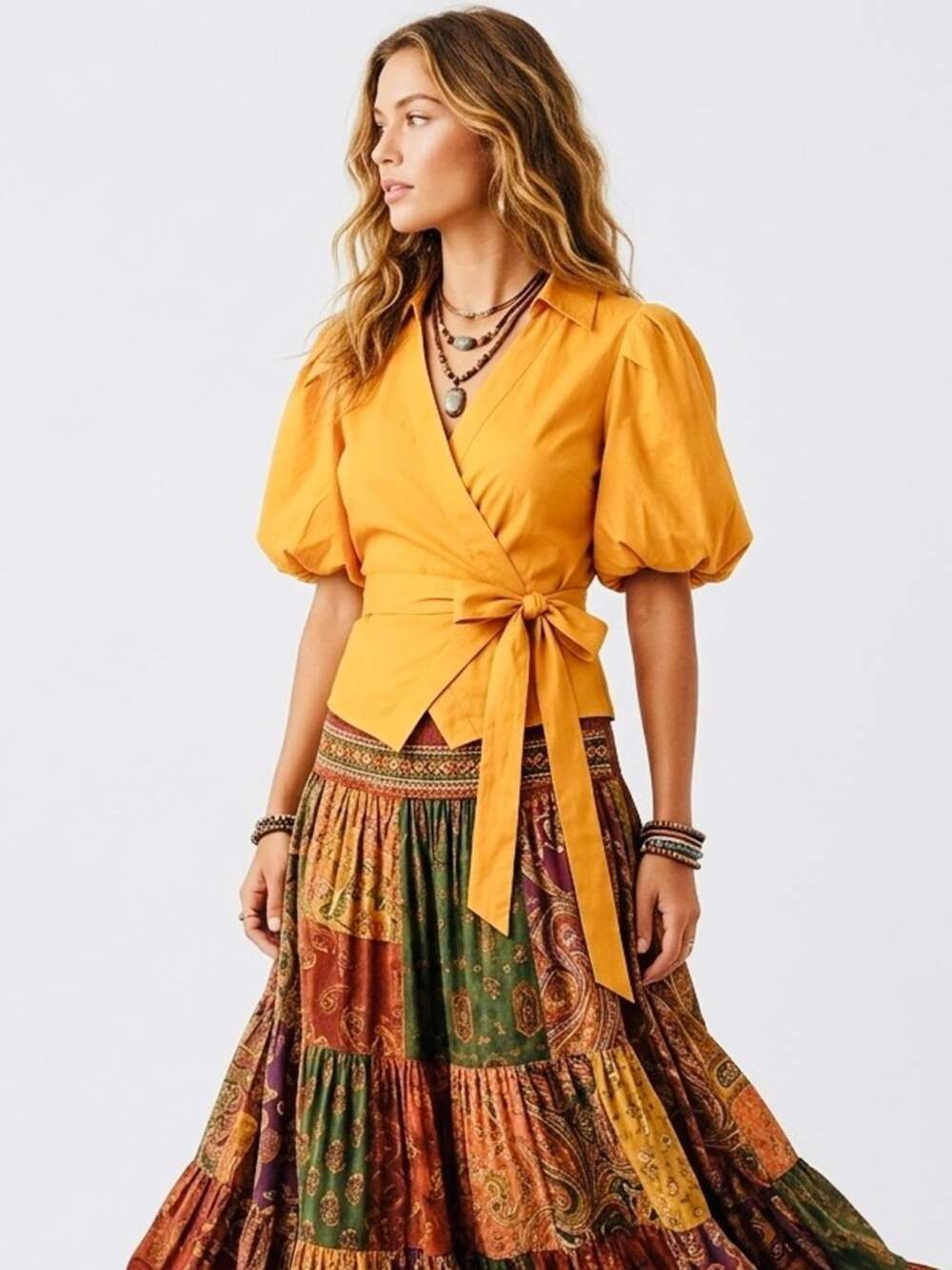 Worthington Mustard Yellow Wrap Blouse Short Puff Sleeve 100% Cotton Med EUC